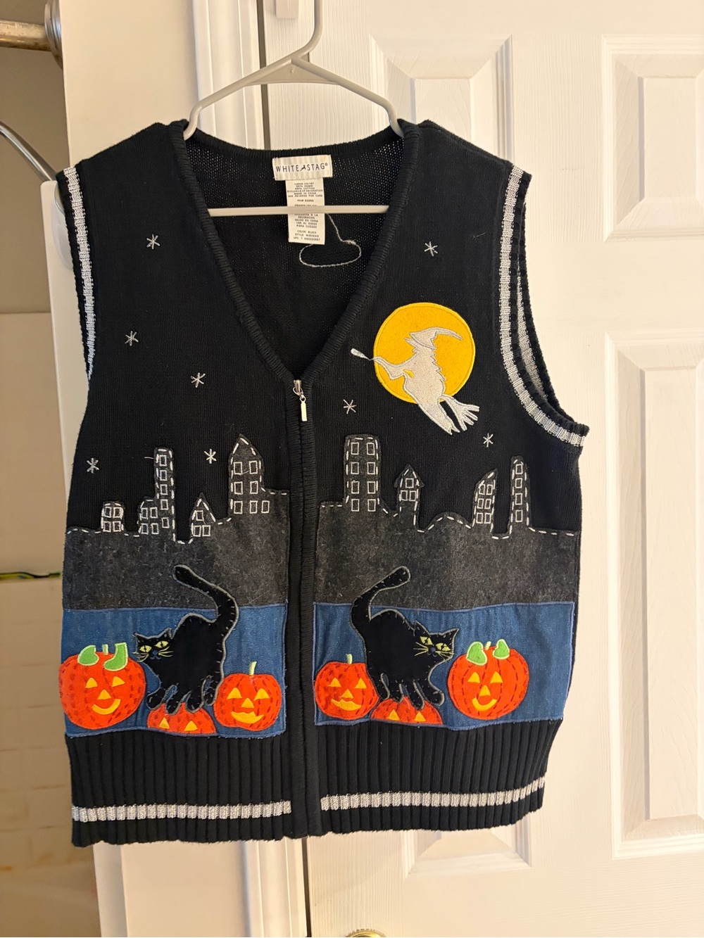 Vintage White Stag Black Halloween Vest with Pumpkins and Cats Large